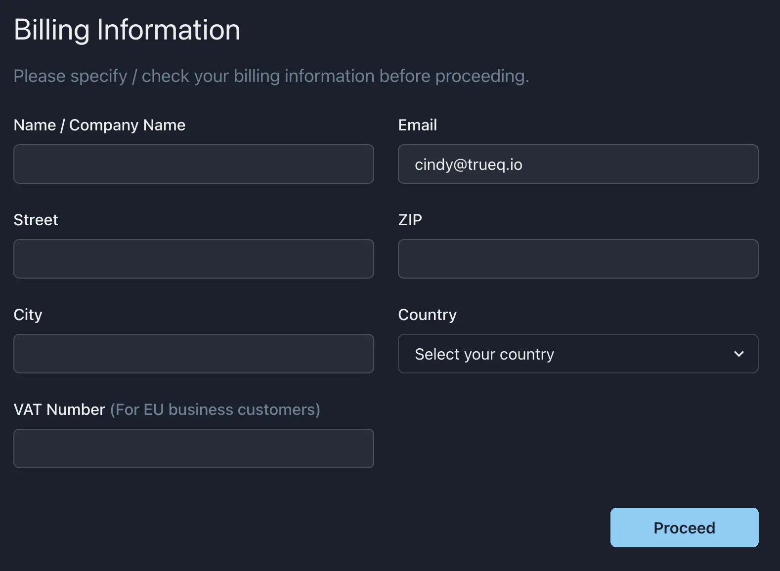 The billing address form with country and VAT number fields.